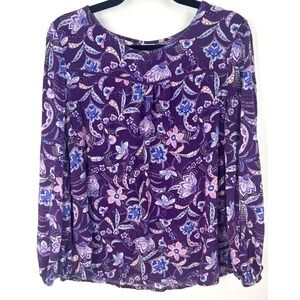 Blair Boho Floral Paisley Rayon Peasant Blouse Purple Long Sleeve Top Sz L